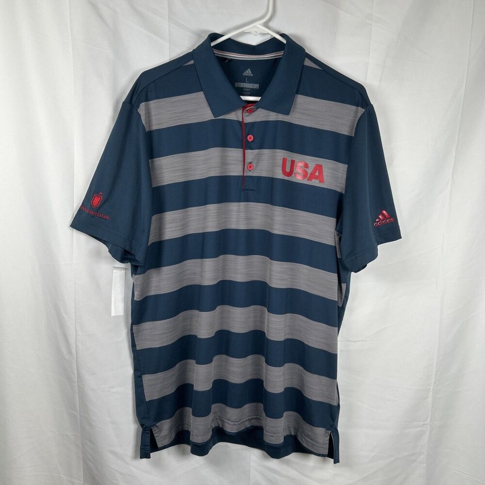 Adidas Golf Polo Shirt Innisbrook Mens Large Blue Gray Striped USA Red